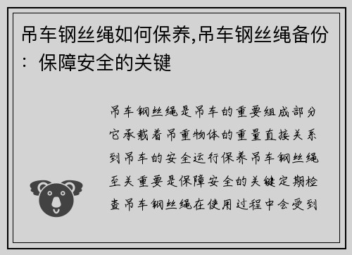 吊车钢丝绳如何保养,吊车钢丝绳备份：保障安全的关键