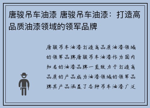 唐骏吊车油漆 唐骏吊车油漆：打造高品质油漆领域的领军品牌