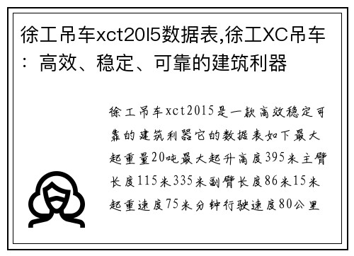 徐工吊车xct20l5数据表,徐工XC吊车：高效、稳定、可靠的建筑利器