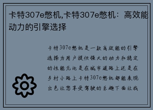 卡特307e憋机,卡特307e憋机：高效能动力的引擎选择