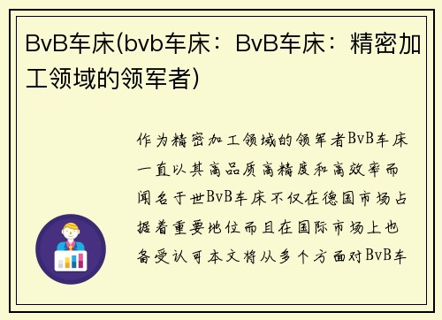 BvB车床(bvb车床：BvB车床：精密加工领域的领军者)